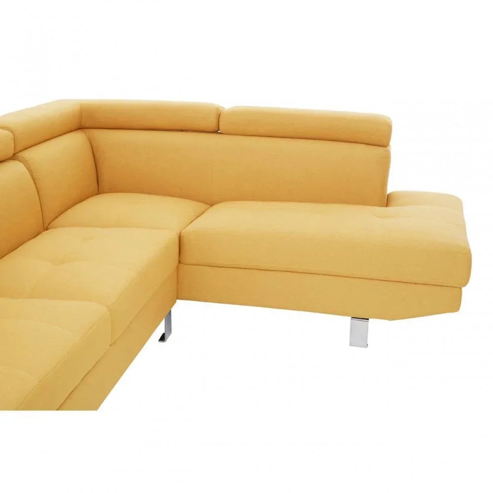 Yellow fabric corner sofa with adjustable headrests and chrome legs
