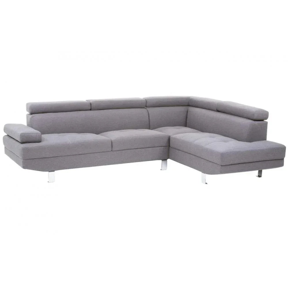 Modern grey fabric corner sofa with adjustable headrests and chrome legs