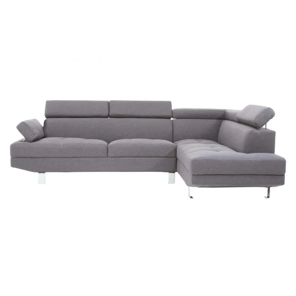 Grey fabric corner sofa with adjustable headrests and chrome legs