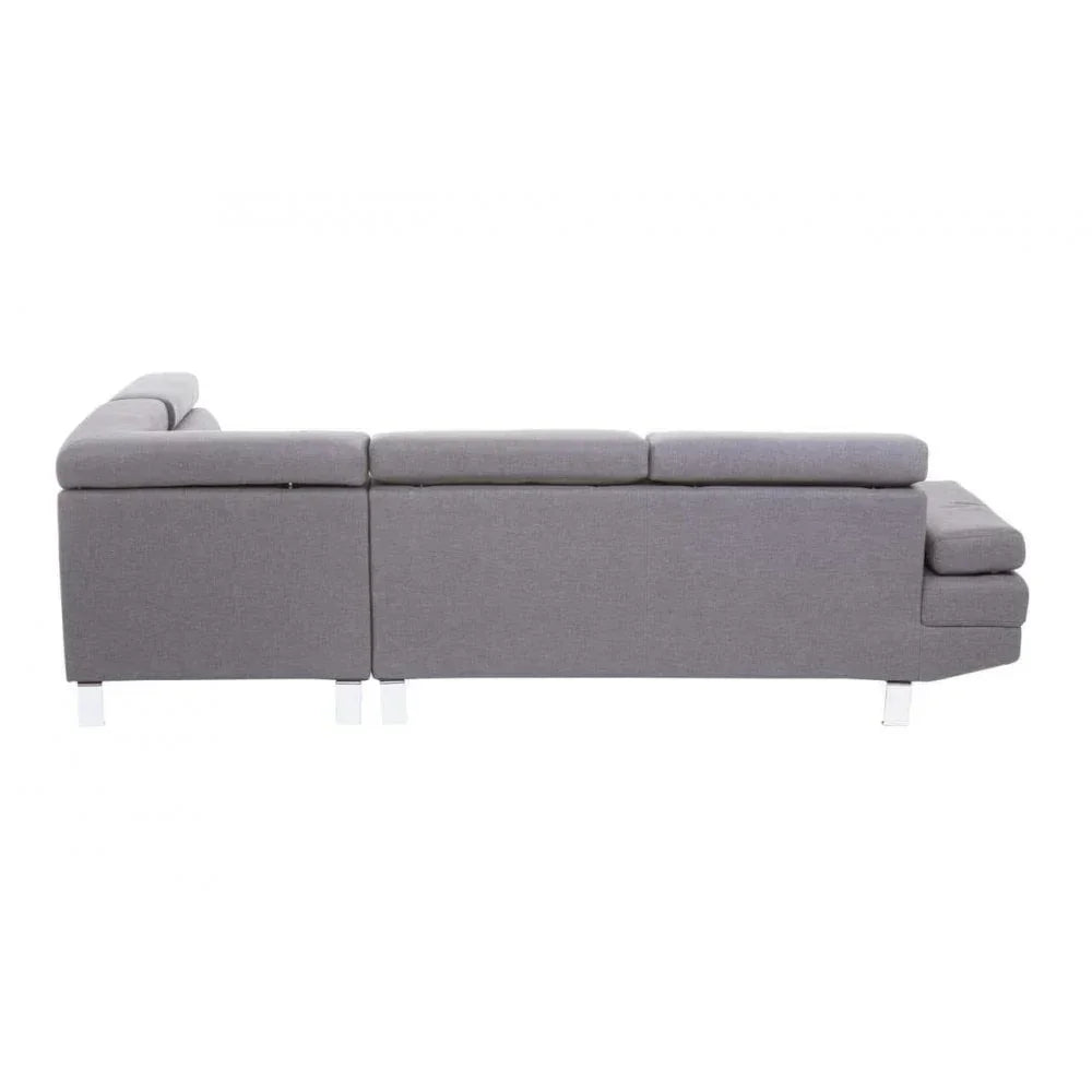 Side profile of grey fabric corner sofa with metal legs and low back cushions