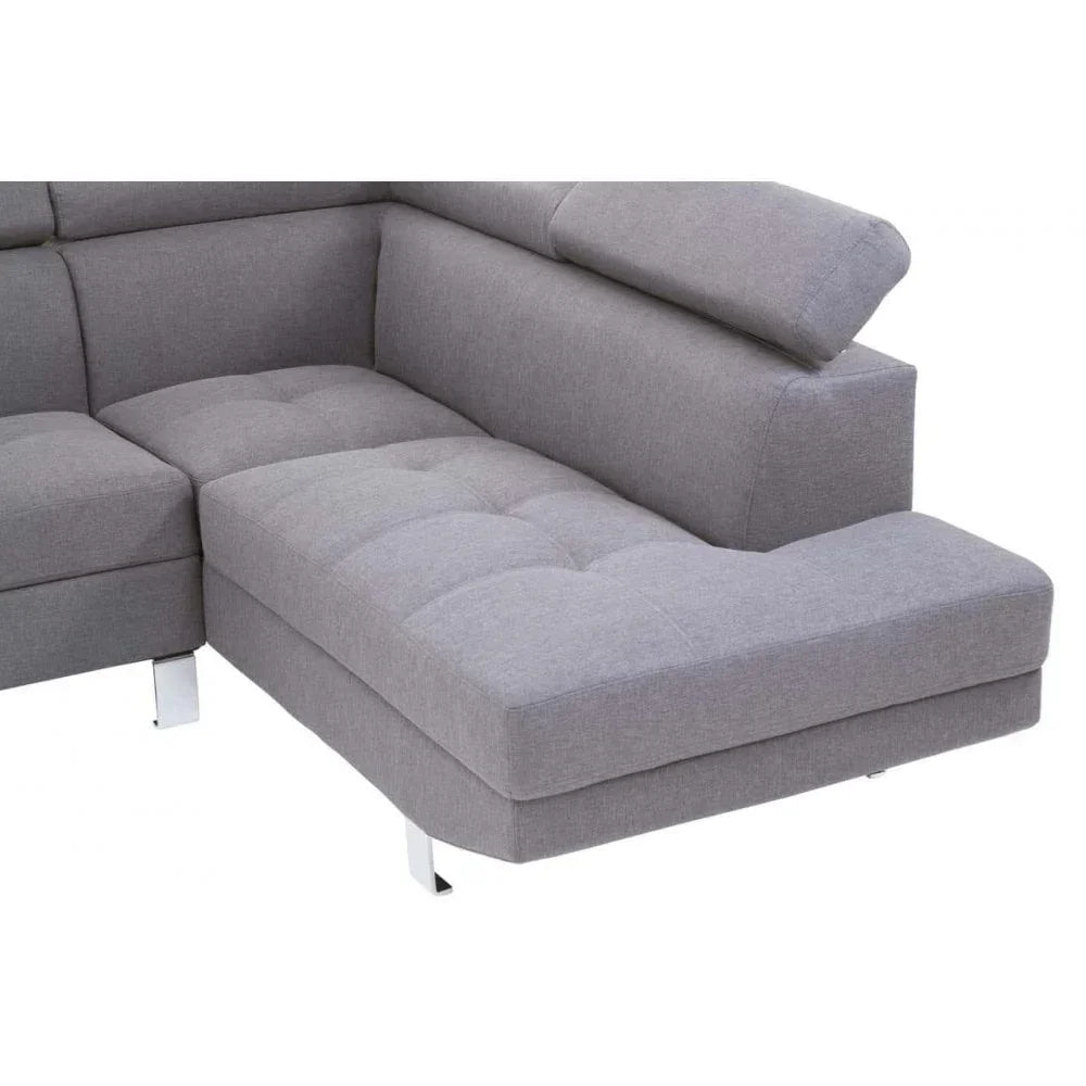 Grey fabric corner sofa chaise with tufted seat and chrome legs