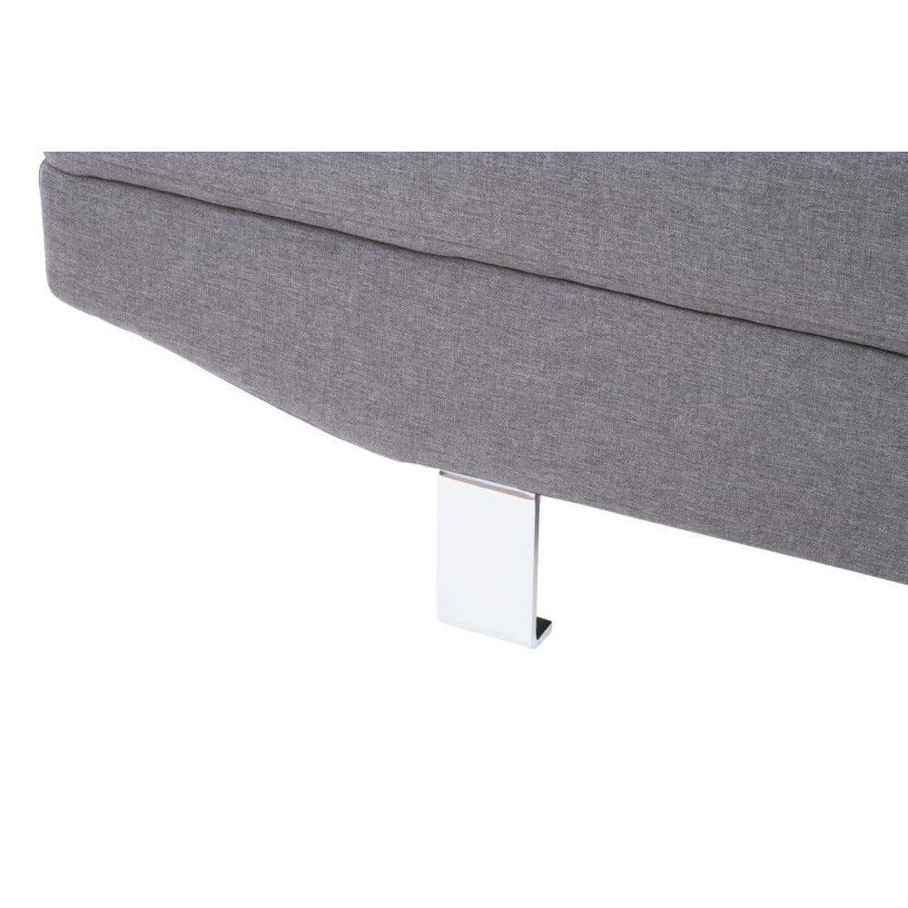 Grey fabric sofa with chrome metal leg close-up