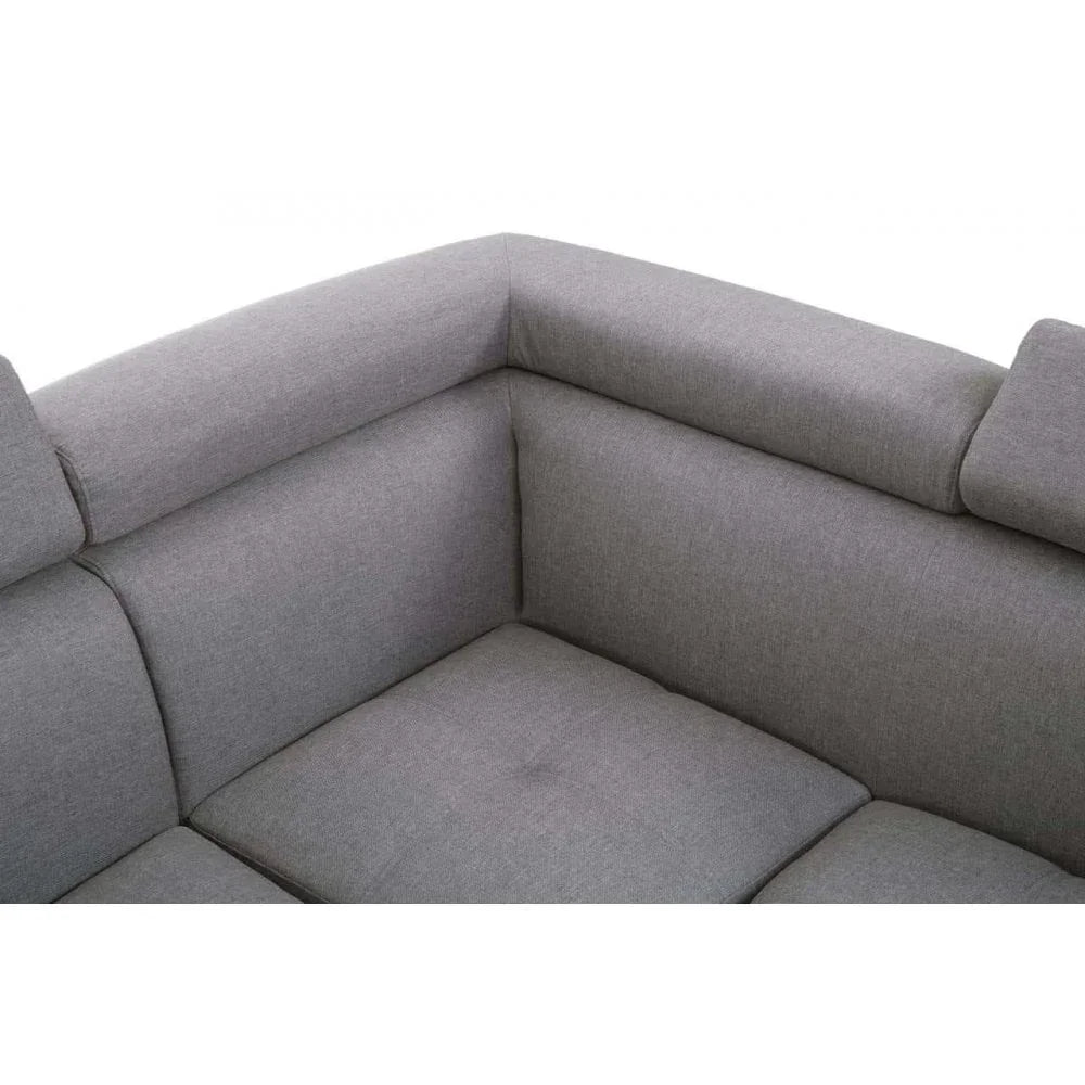 Close up of grey fabric corner sofa cushions and backrest