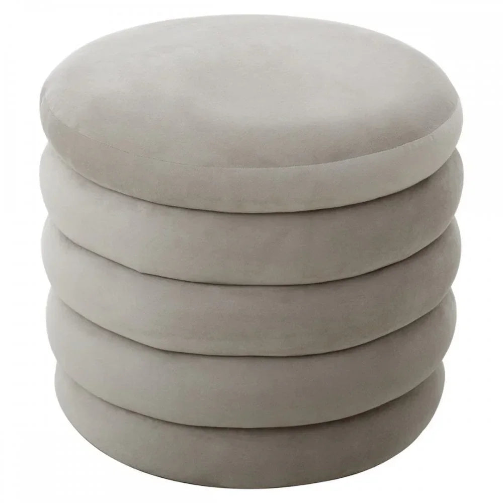 Round grey velvet ottoman with stacked cushion design, side view