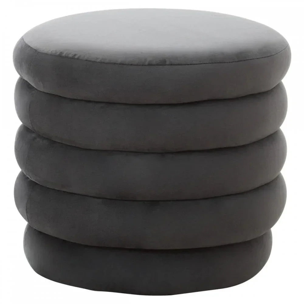 Round grey velvet ottoman with layered cushion design