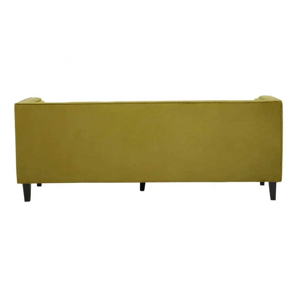Back view of a mustard yellow fabric sofa with black wooden legs
