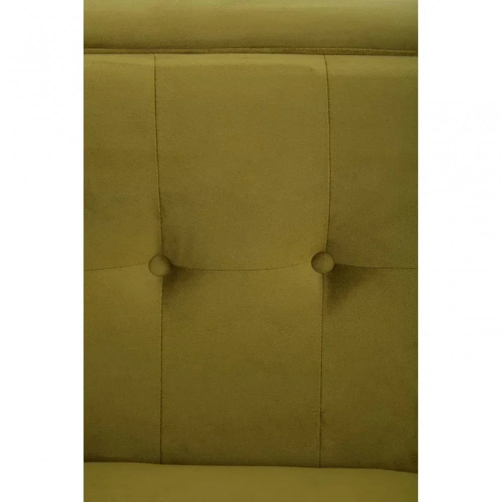 Olive green upholstered headboard with button tufting and stitched square panels