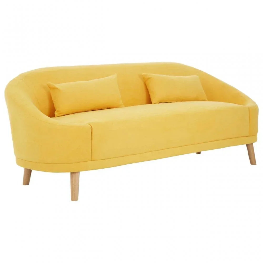 Yellow fabric sofa with curved back, two cushions, and wooden legs