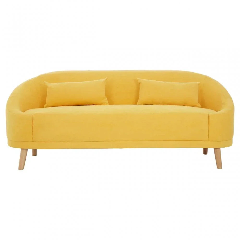 Yellow fabric sofa with curved backrest, two seat cushions, and wooden legs