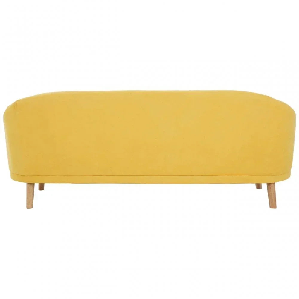 Yellow fabric sofa with rounded back and wooden legs, rear view
