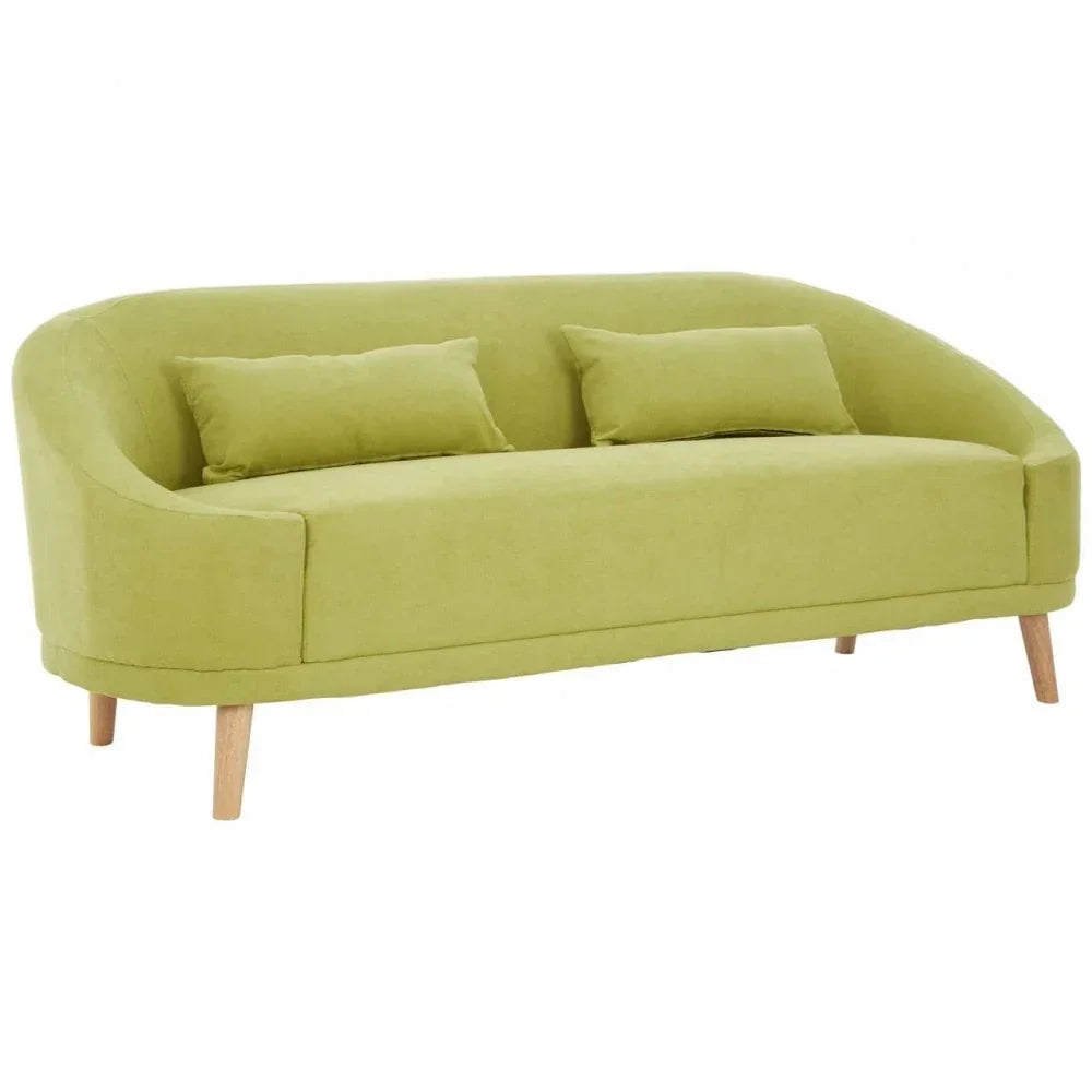 Green fabric sofa with curved backrest, two matching cushions, and wooden legs