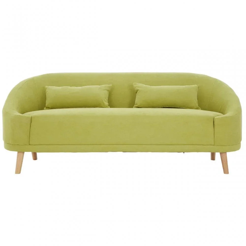 Green fabric sofa with curved backrest, two cushions, and wooden legs, front view