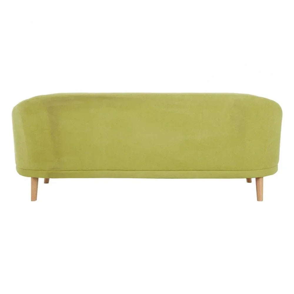 Green fabric sofa with rounded back and wooden legs, rear view