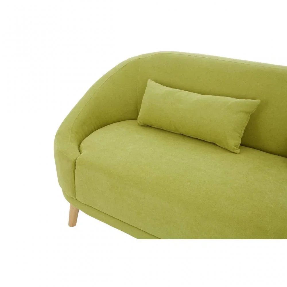 Green fabric sofa with rounded backrest, matching cushion, and light wood legs