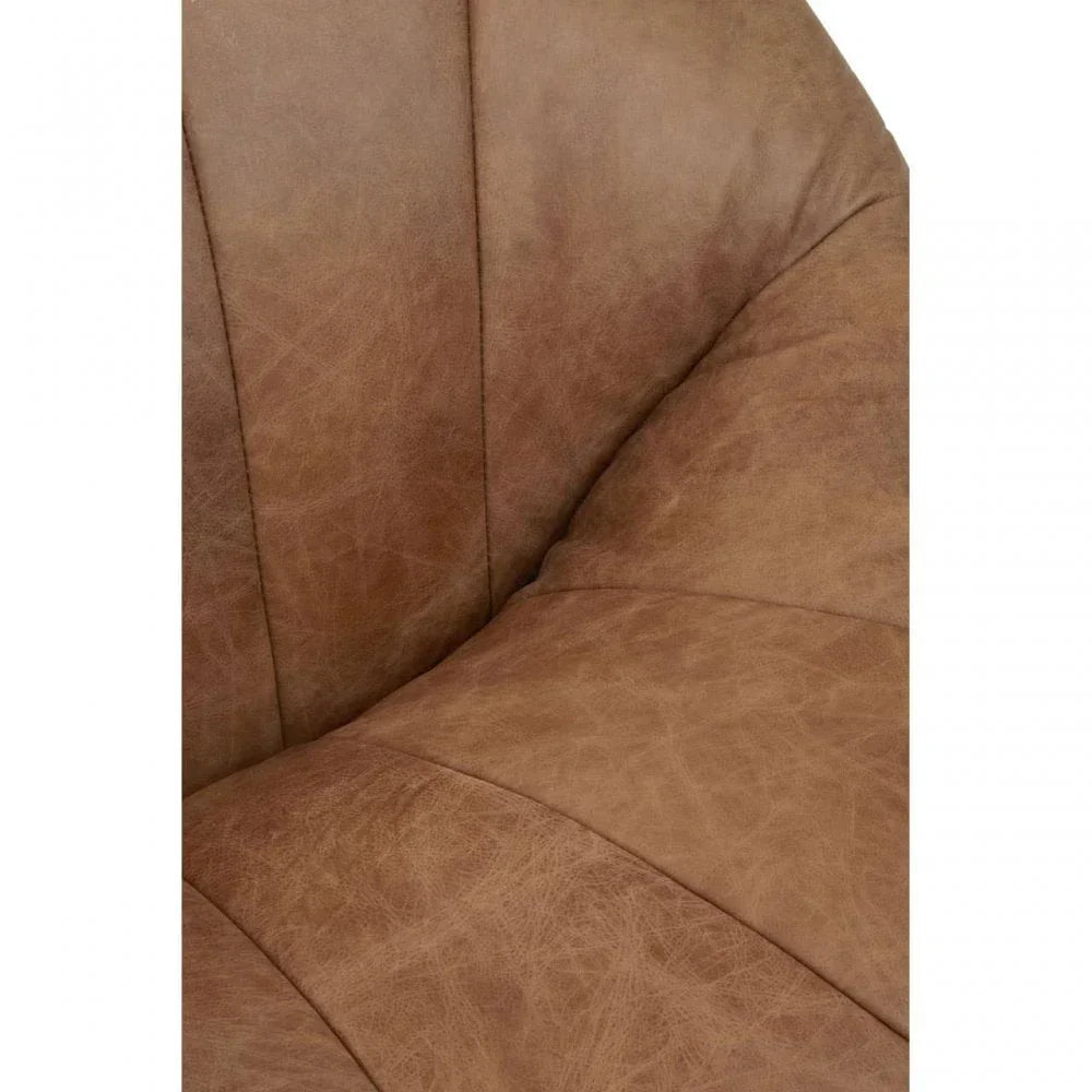 Closeup of brown leather sofa seat with stitched panel detailing