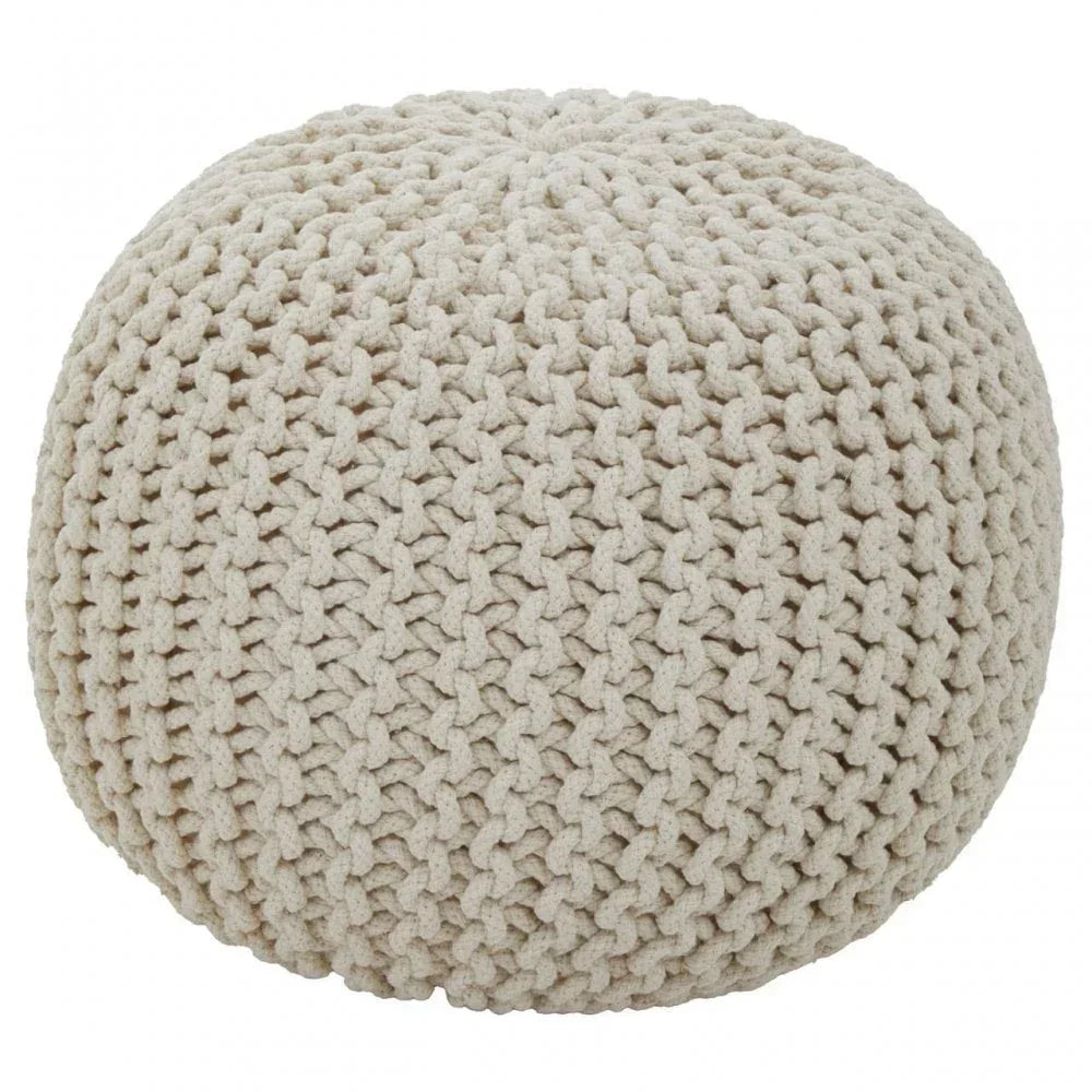 Round cream knitted pouffe footstool with chunky textured weave