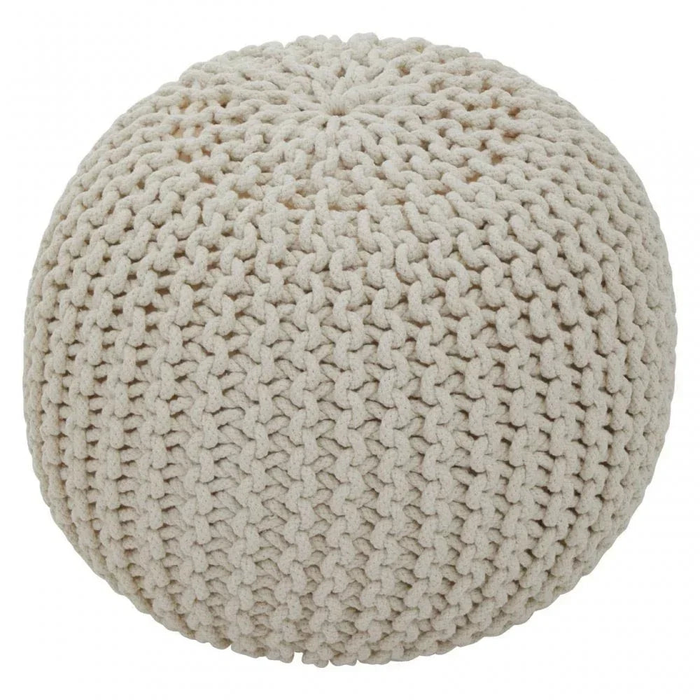 Round cream knitted pouffe footstool with textured chunky yarn cover