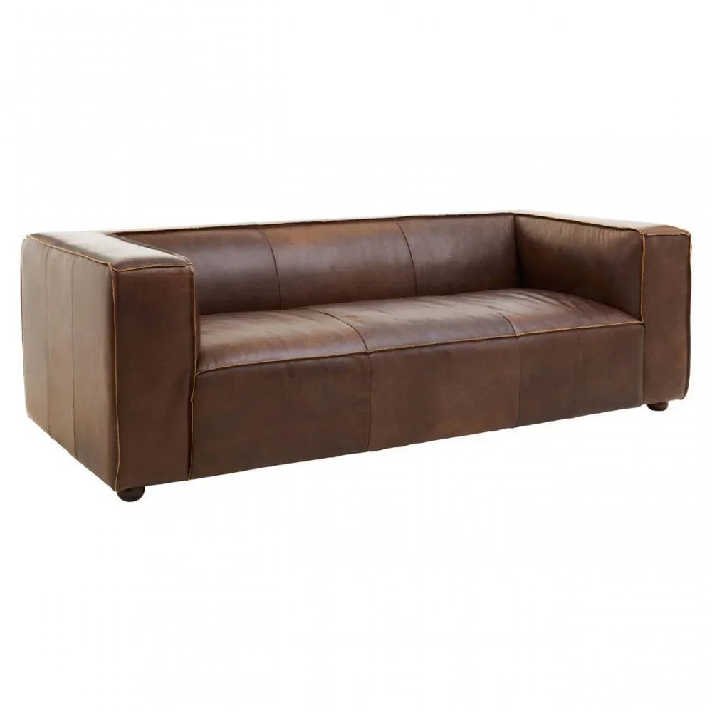 Brown leather sofa with boxy arms and cushioned seat, front angled view