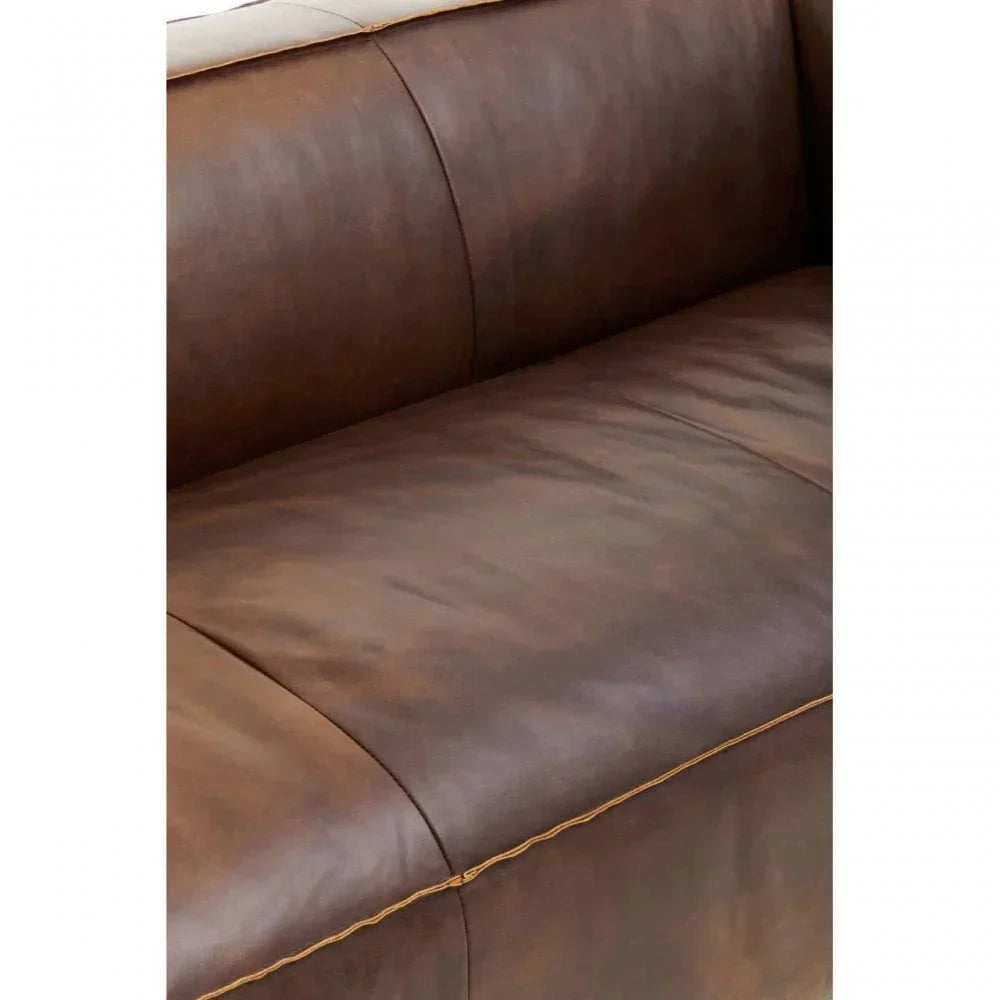 Brown leather sofa seat and backrest closeup showing stitching detail
