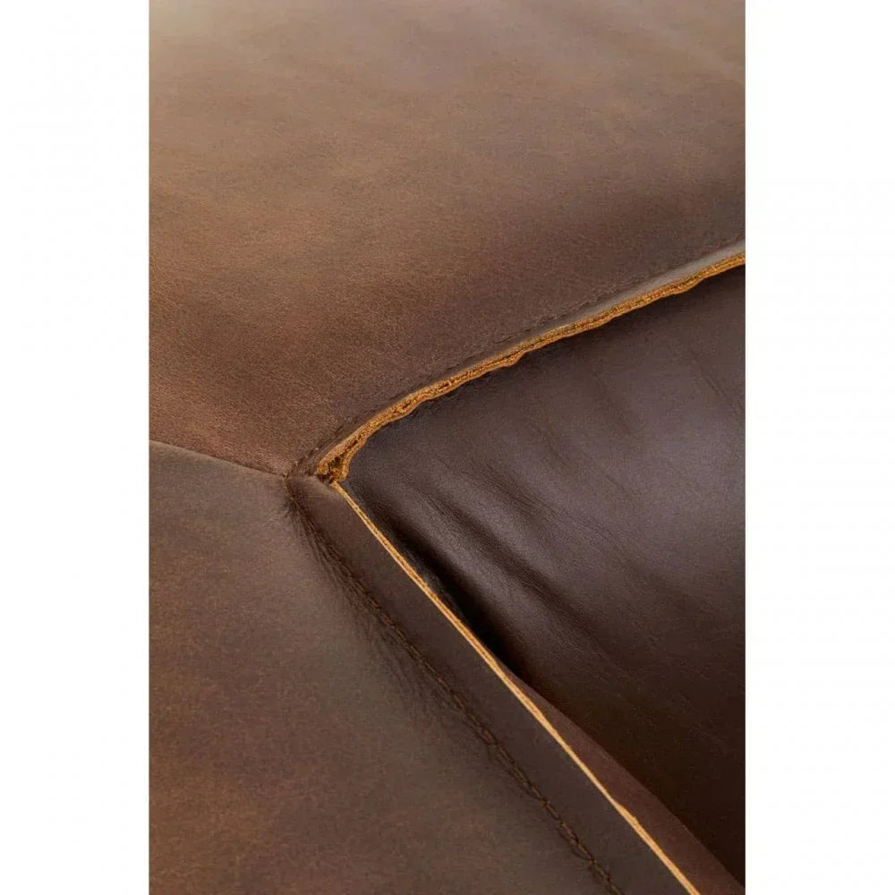 Closeup of brown leather sofa seat with visible stitching and textured finish