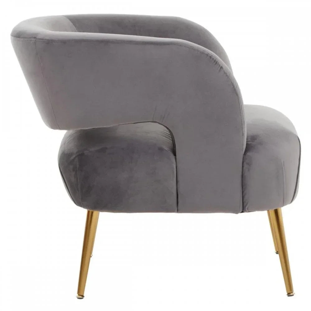 Grey velvet accent chair with curved back and gold metal legs, side profile view