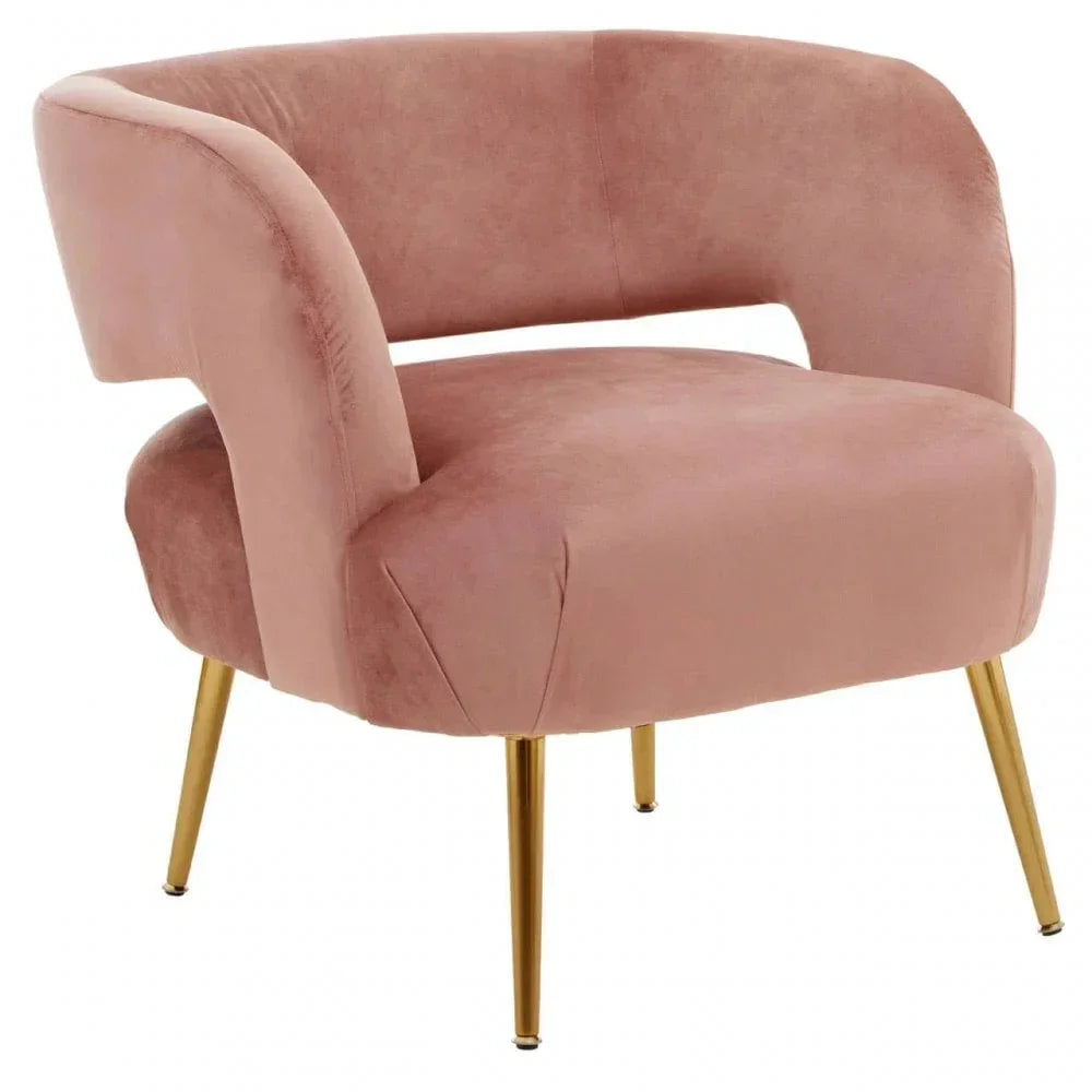 Blush pink velvet accent chair with curved backrest and gold metal legs