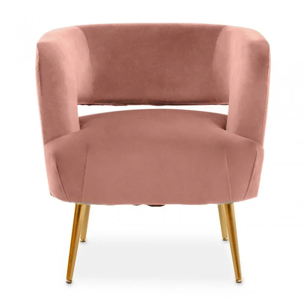 Blush pink velvet accent chair with open back and gold metal legs, front view