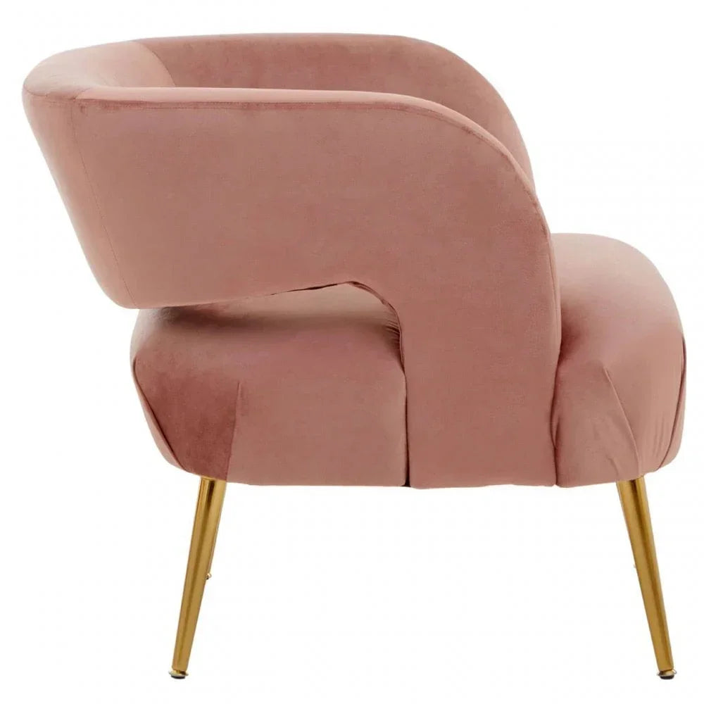 Blush pink velvet accent chair with curved backrest and gold metal legs, side view