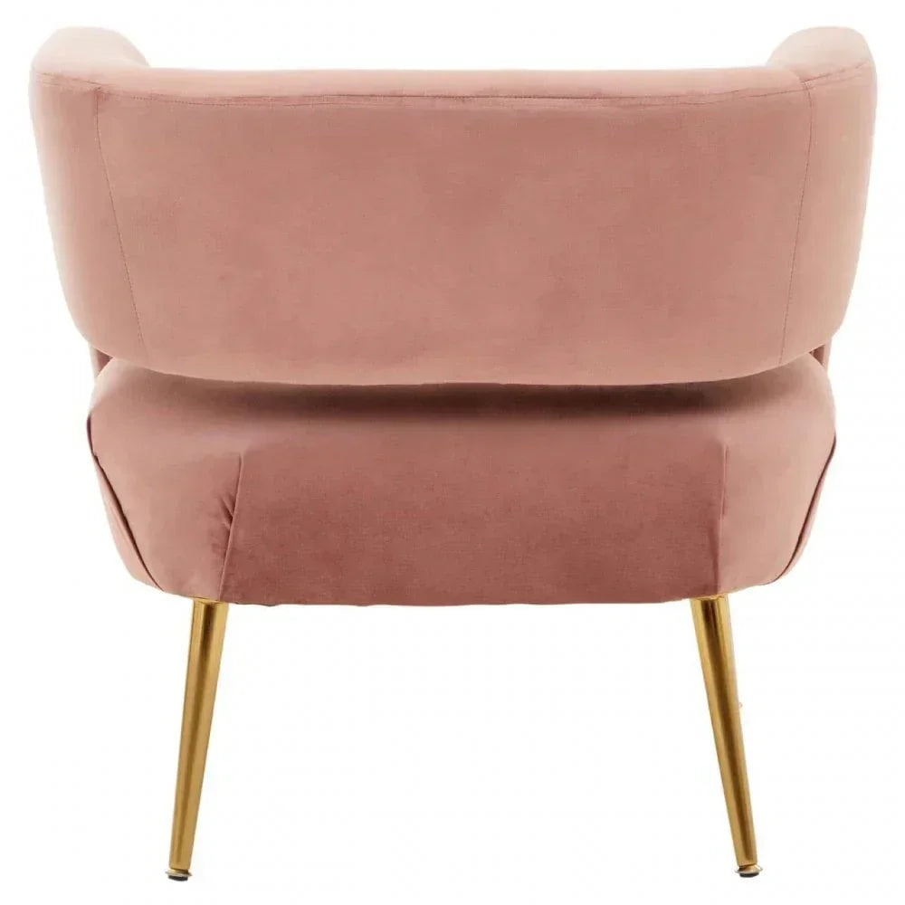Blush pink velvet accent chair with gold metal legs, rear view