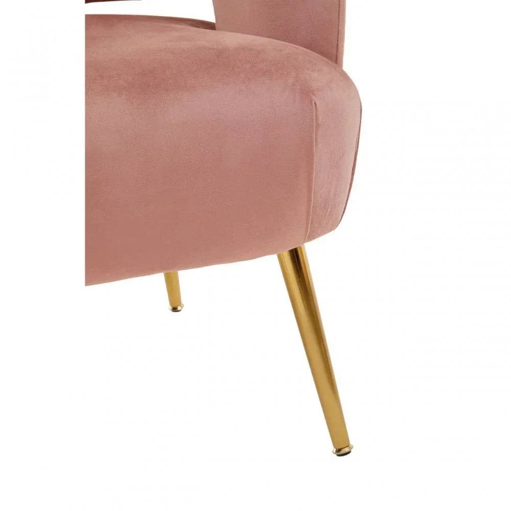Blush pink velvet chair seat with gold metal legs, close-up corner view