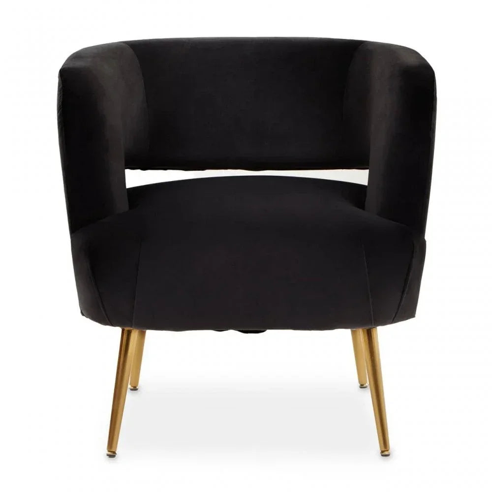 Black velvet accent chair with open back and gold metal legs