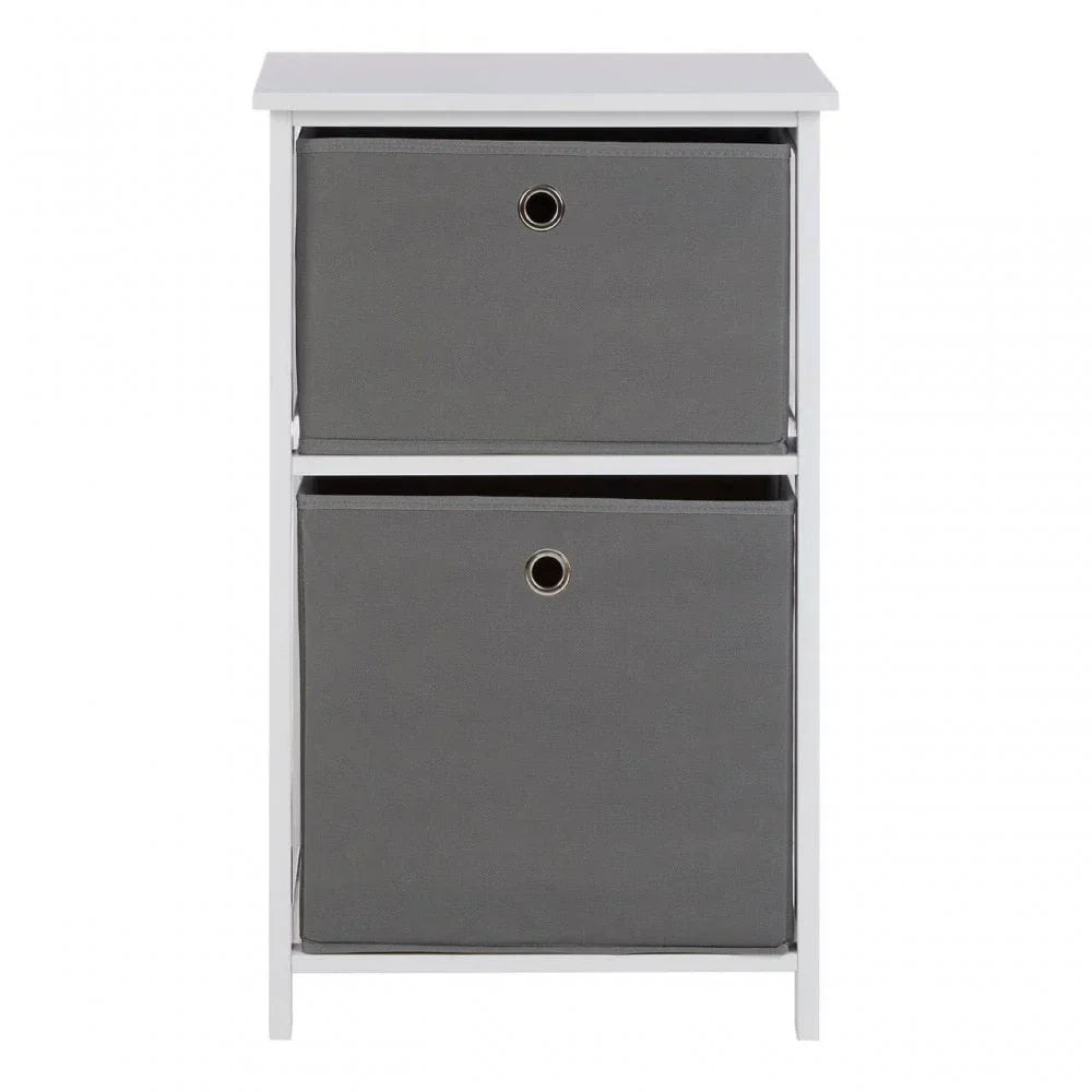 White storage unit with two grey fabric drawers and metal grommet handles, front view