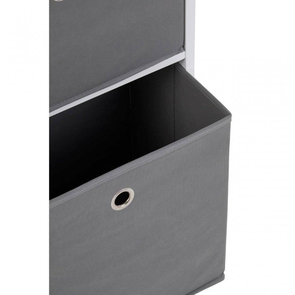 Grey fabric storage box with metal handle in shelving unit