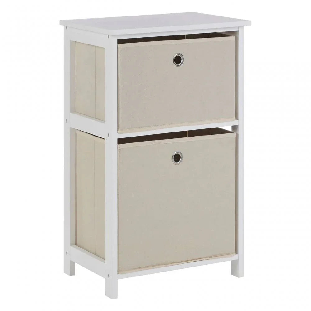 White wooden storage unit with two beige fabric drawers, compact design for home organization