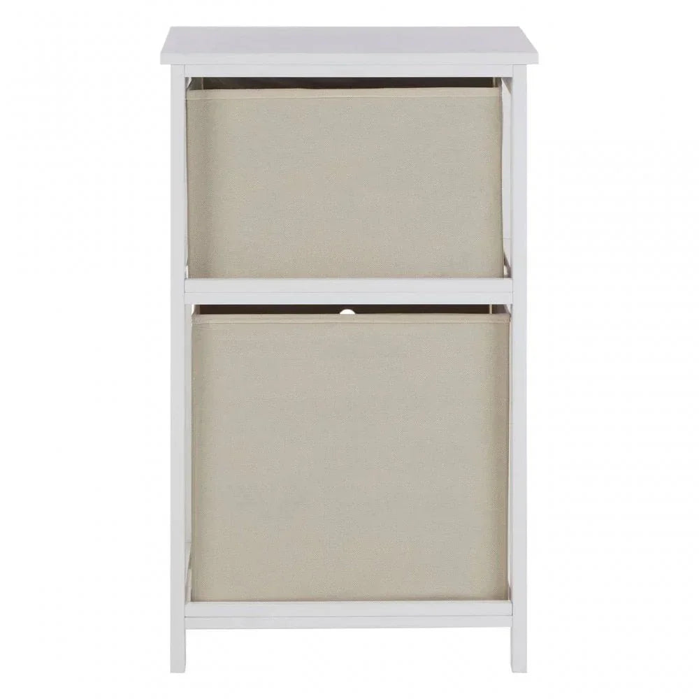White storage unit with two beige fabric drawers and simple rectangular frame