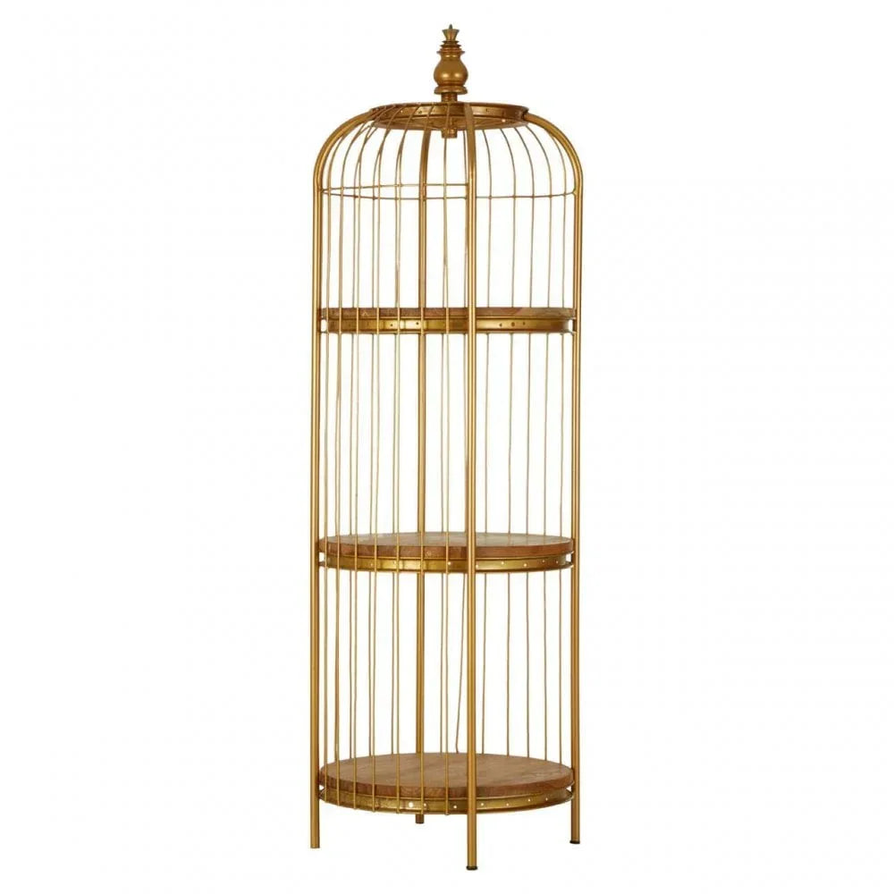 Gold metal birdcage style shelving unit with three round wooden shelves