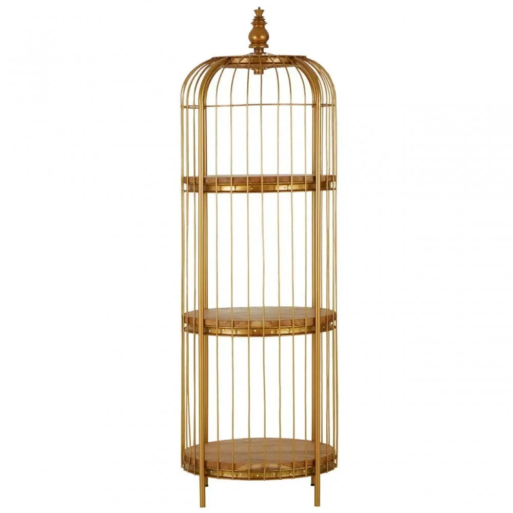 Gold metal shelving unit with three round wooden shelves and decorative top finial