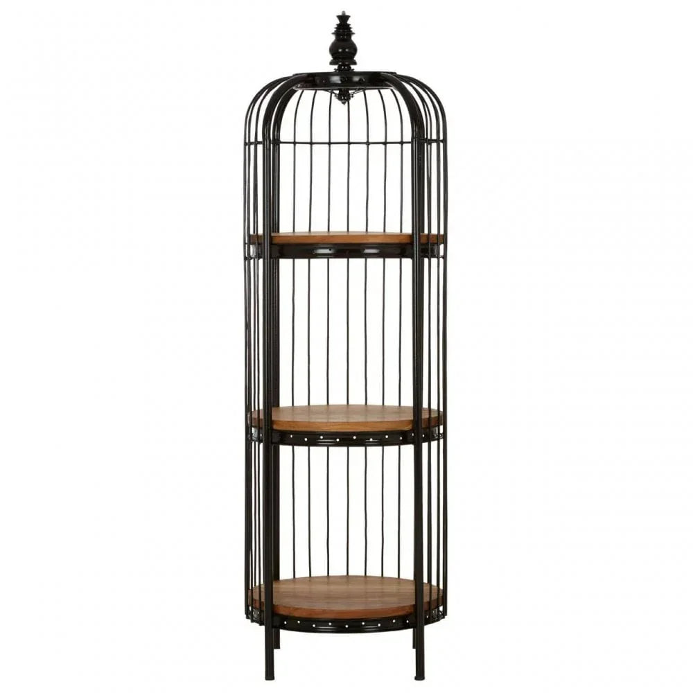 Tall black metal shelving unit with three round wooden shelves and cage design