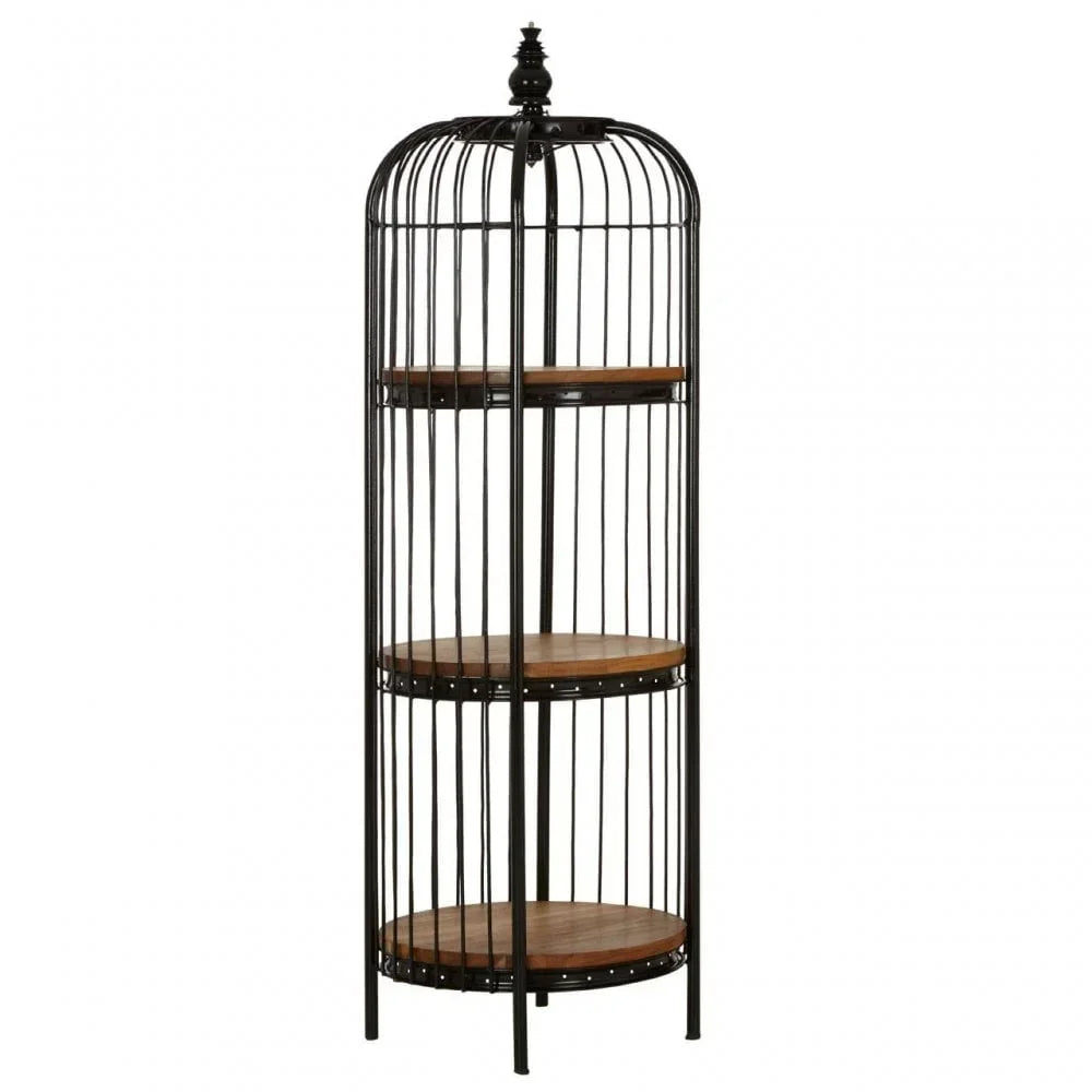 Black metal and wood shelving unit with three round shelves and cage-style frame