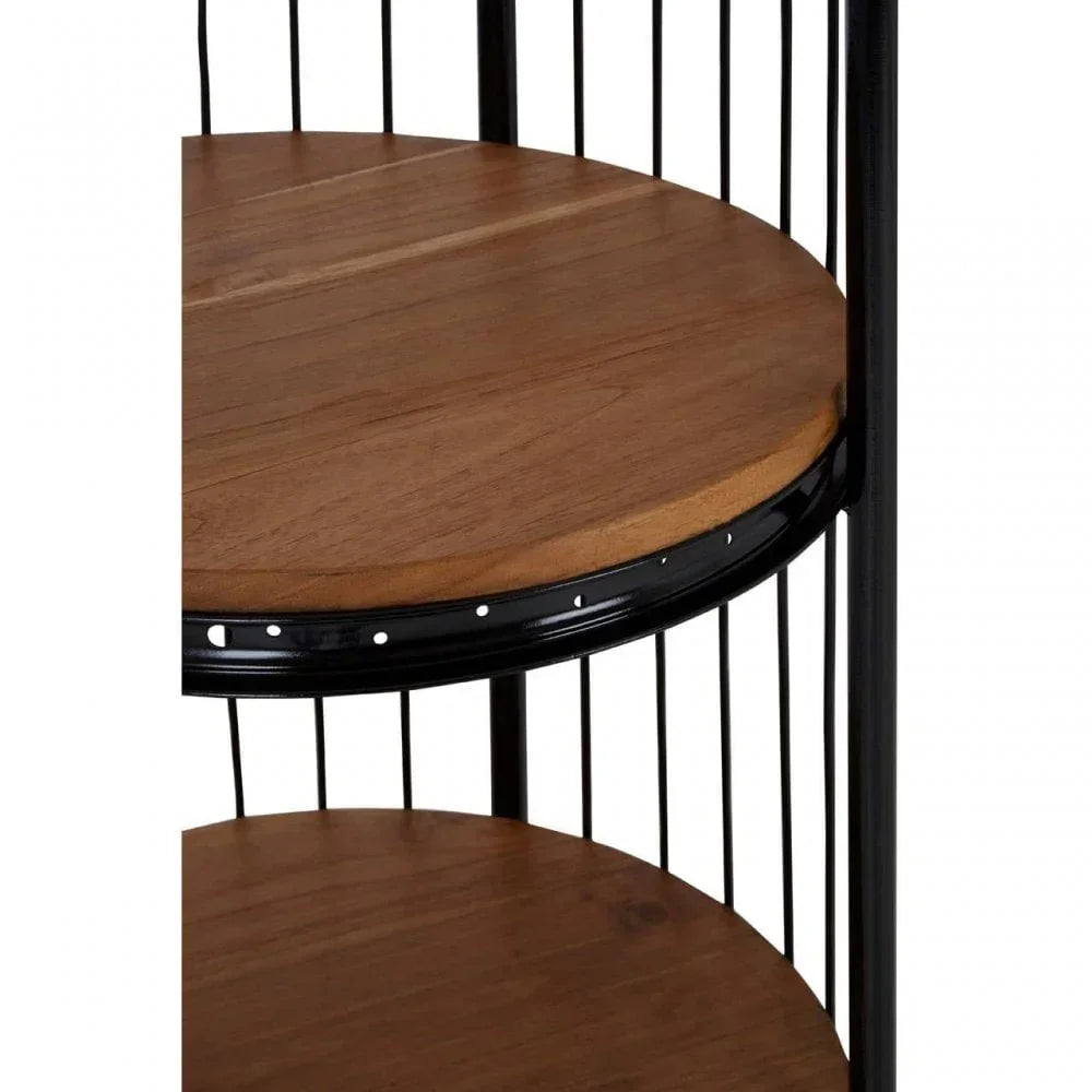 Round wood shelving unit with black metal frame and vertical bars, close-up side view