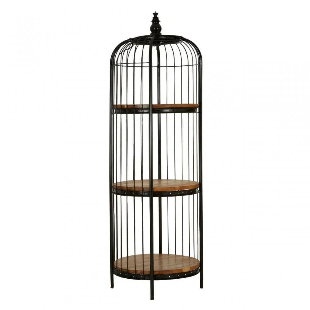 Black metal cage shelving unit with three round wooden shelves and decorative top finial