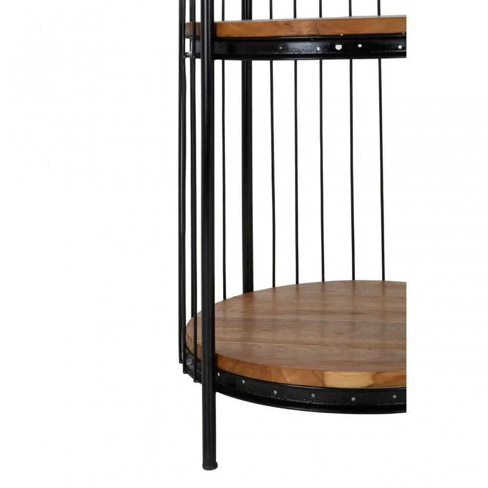Close view of round wooden shelf with black metal frame and vertical supports