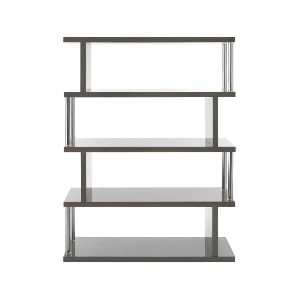 Modern grey bookshelf with four staggered shelves and chrome pillar supports, front view