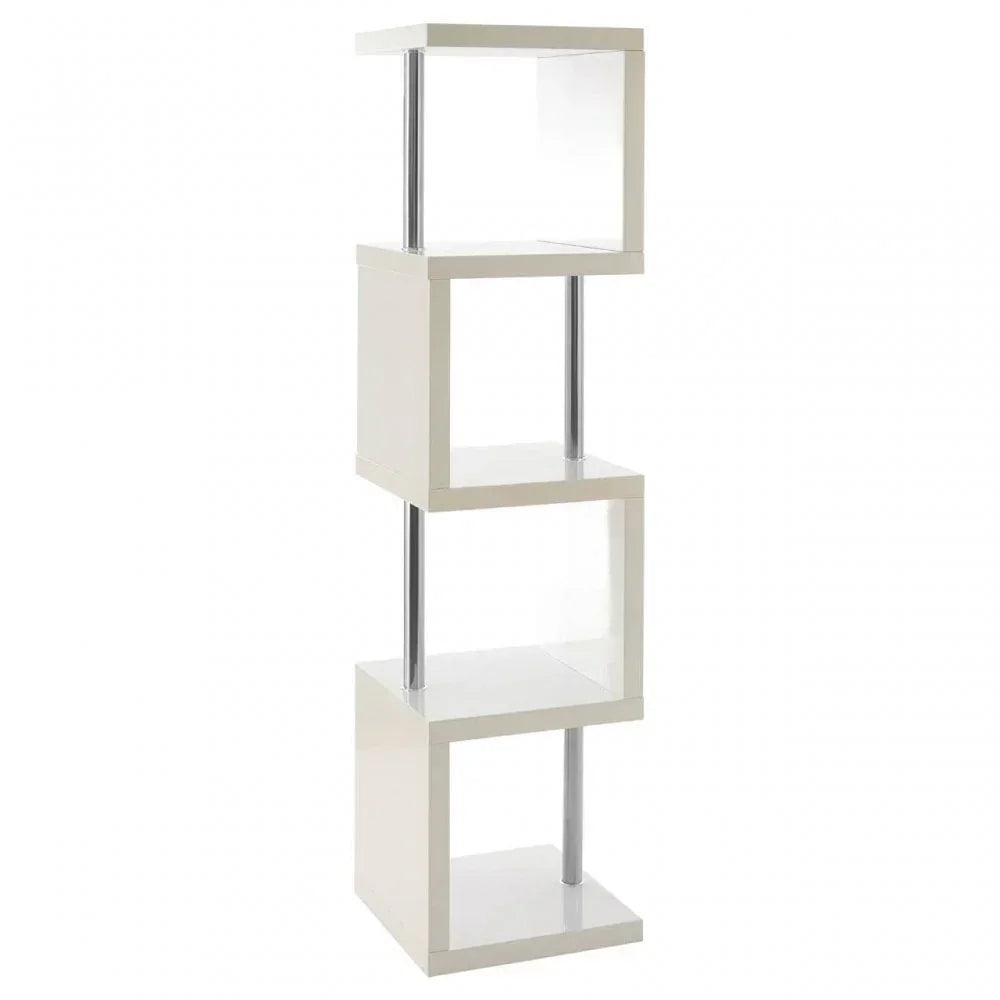 White modern display shelf with four open cube tiers and chrome supports, angled view