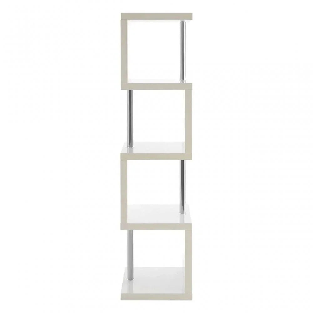 White modern shelving unit with four open cube shelves and chrome support poles