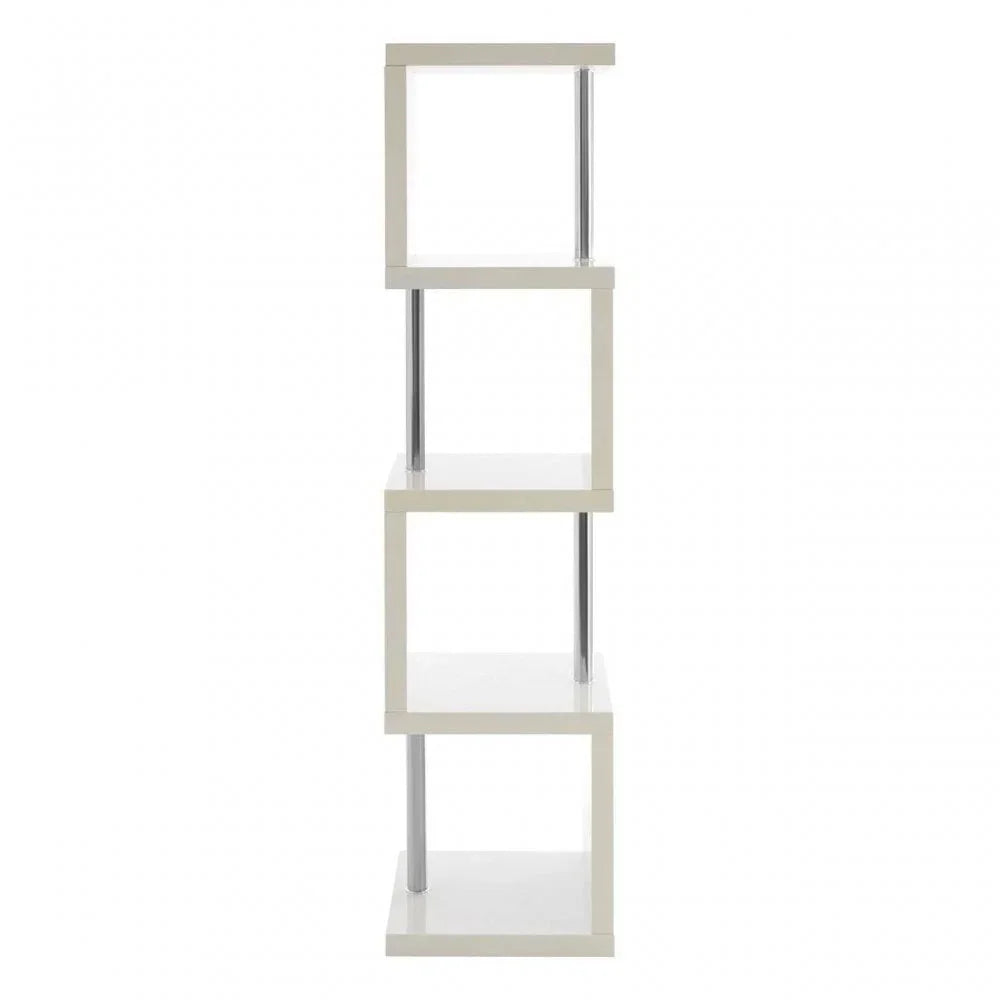 White display shelving unit with chrome supports and open cube shelves, side view