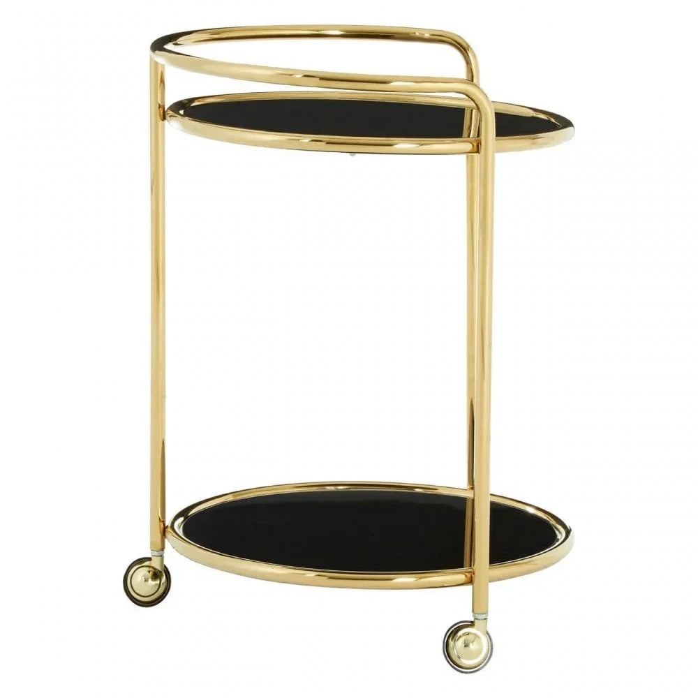 Gold and black serving trolley with two shelves and wheeled legs for easy mobility