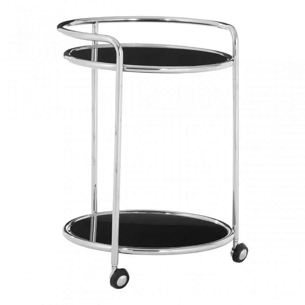 Chrome and black serving trolley with two shelves and caster wheels