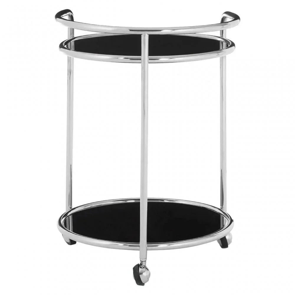 Round two tier chrome drinks trolley with black glass shelves and caster wheels