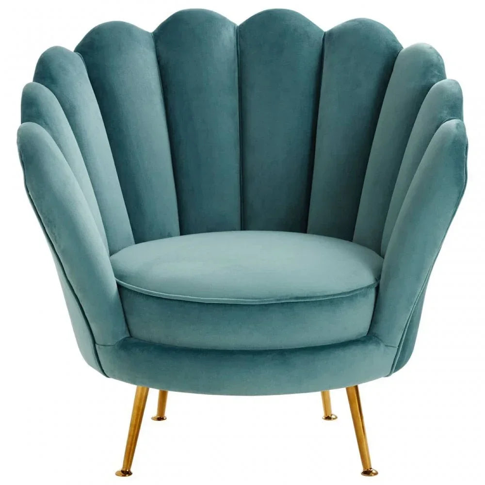Teal velvet accent chair with scalloped backrest and gold metal legs, front angle view